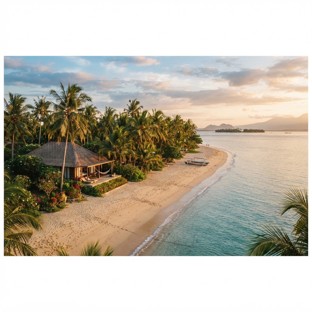 Editorial illustration of a beachfront resort in Senggigi, Lombok